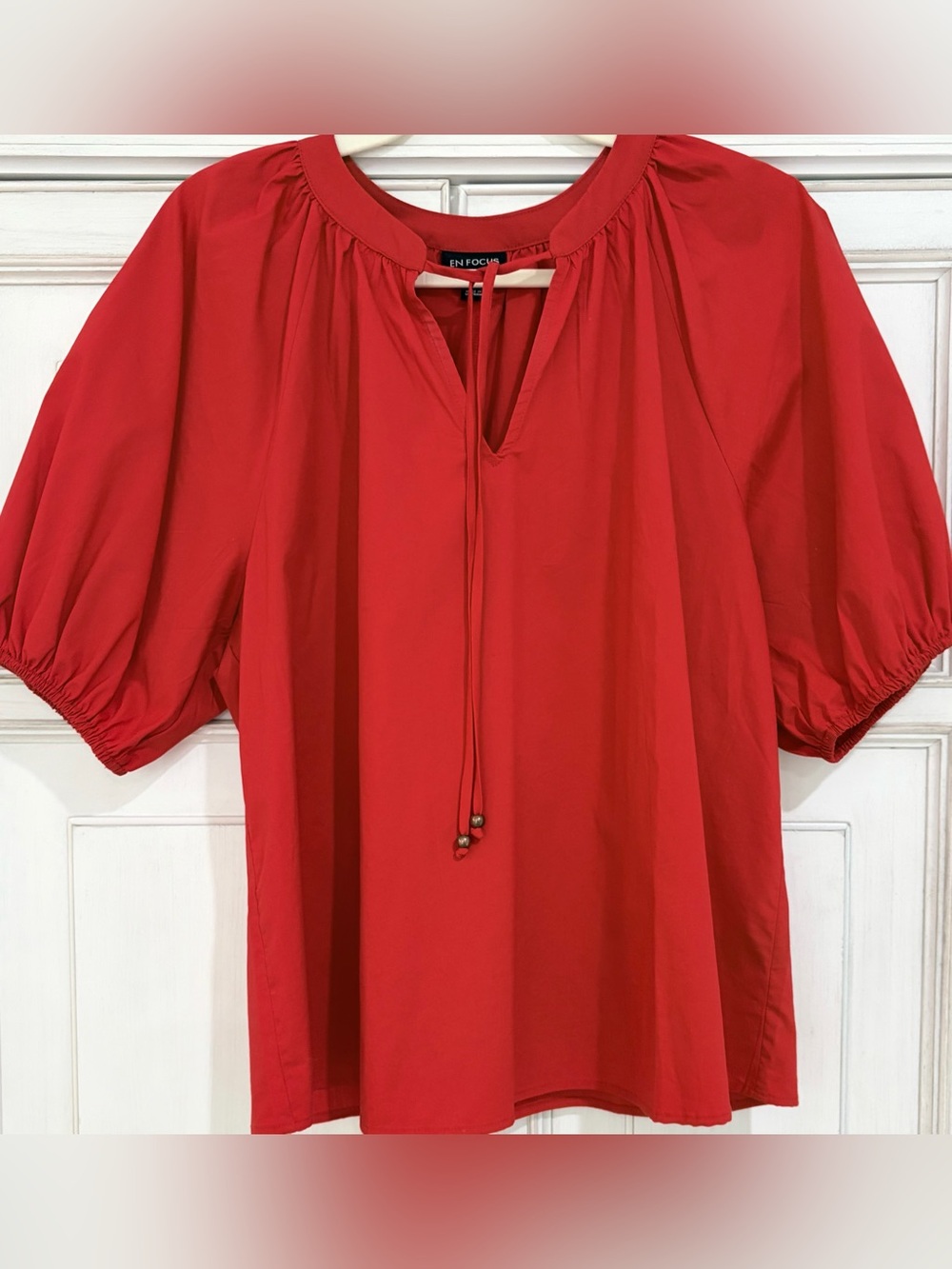 NEW never worn SZ L Enfocus Studio Red Peasant Tunic with Tie Neck